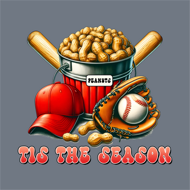 The InkMerge Baseball Mama Tis the Season DTF Transfer – Ready to Press features a bucket of peanuts, red cap, and glove with ball, plus